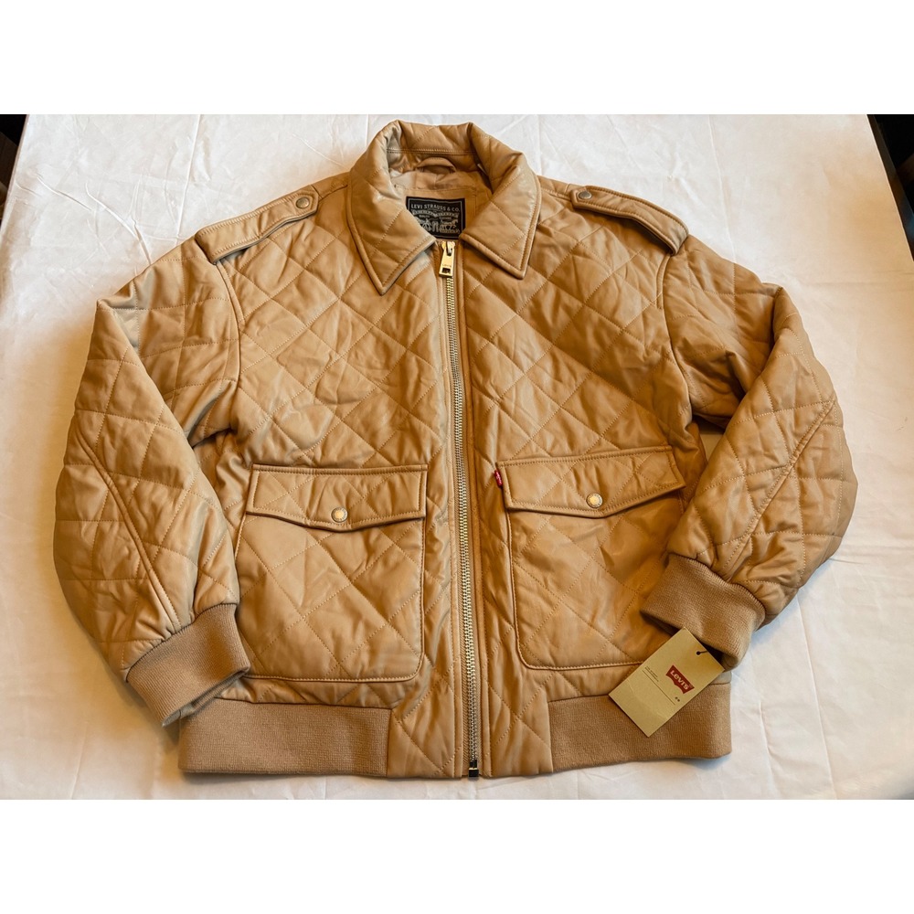 Levis Women Quilted Faux Leather Bomber Jacket Tan Beige LW2RU174 Size M NWT